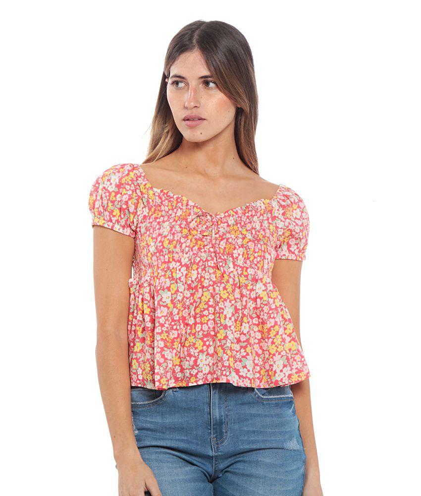 Blusa Campesina Estampada  Manga Globo-0