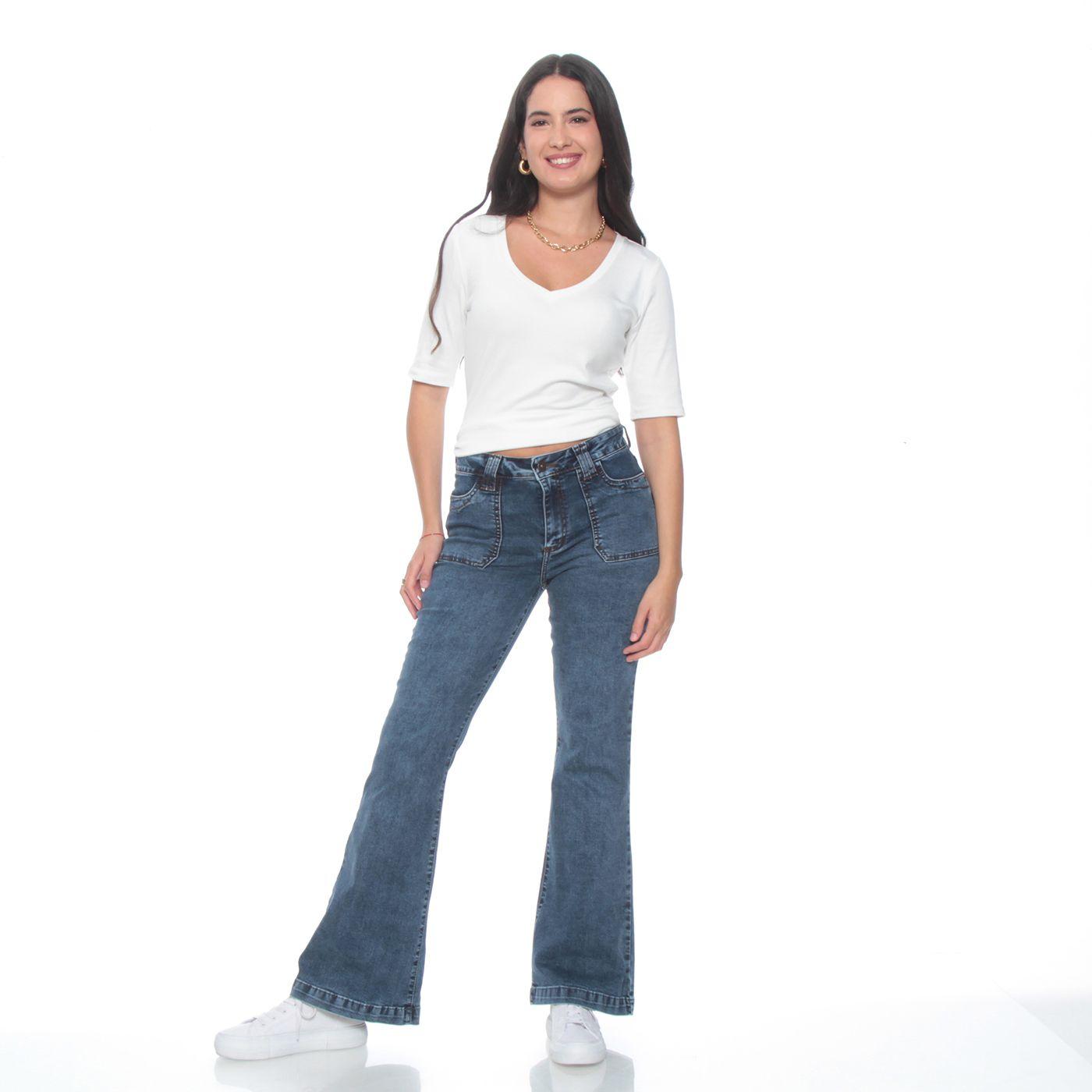 Jeans Flare Cargo Tiro Alto Pretina Basica-4