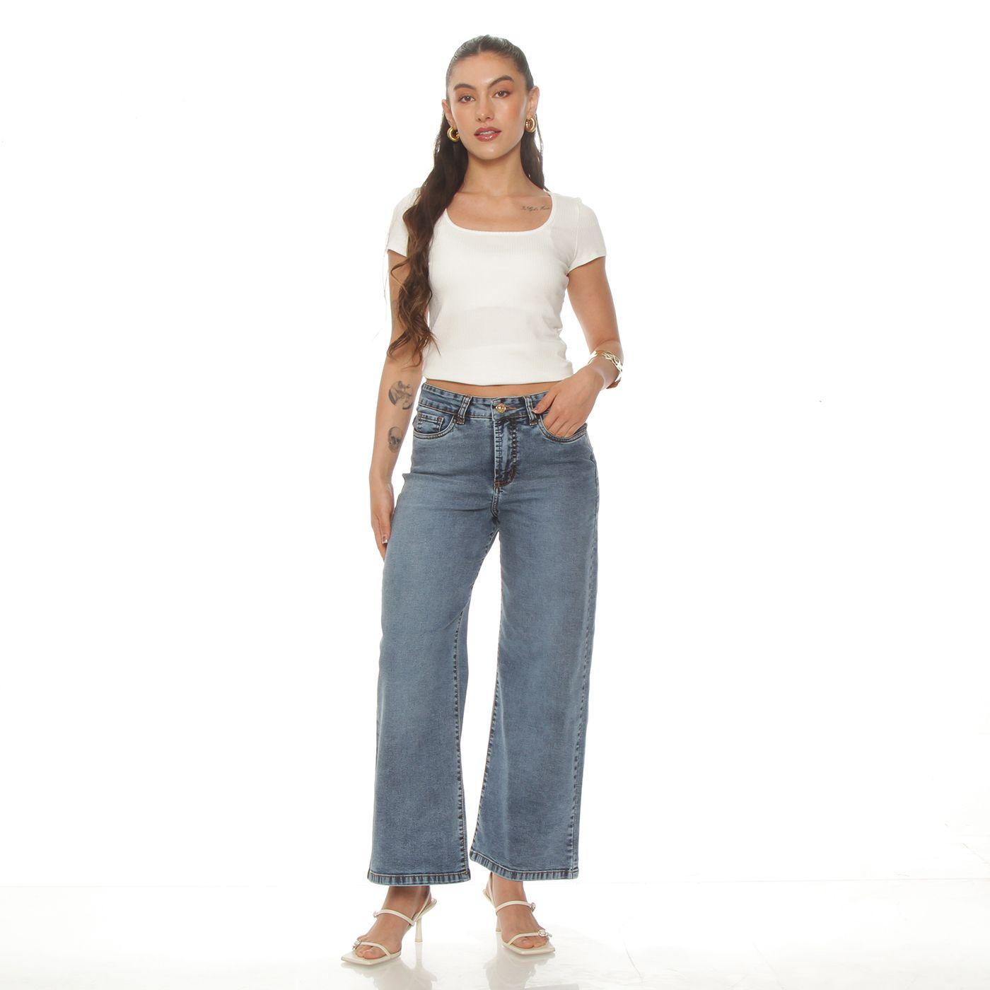 Jeans Crop Wide Leg Tiro  Alto  Pretina Basica 1 Boton-2