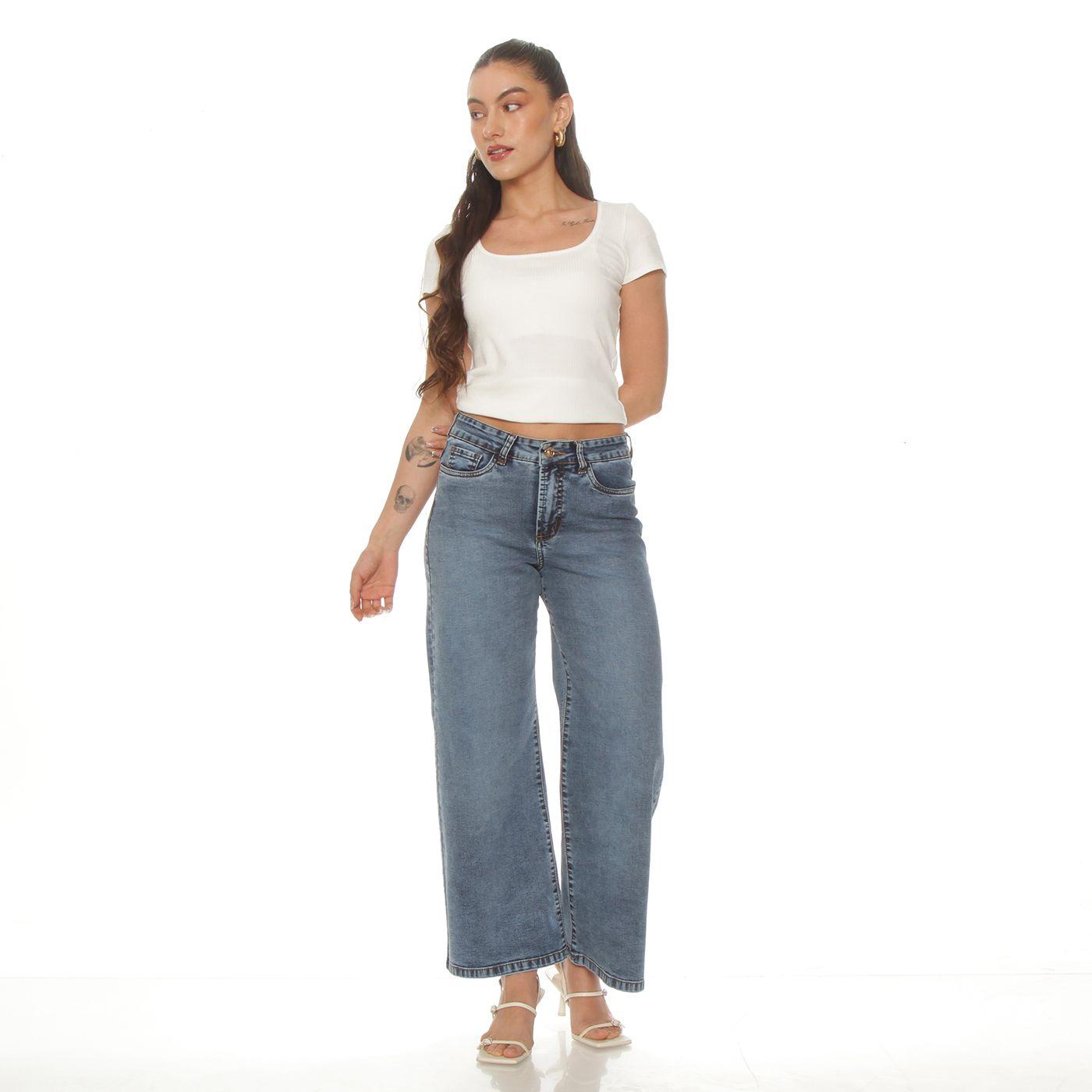 Jeans Crop Wide Leg Tiro  Alto  Pretina Basica 1 Boton-3