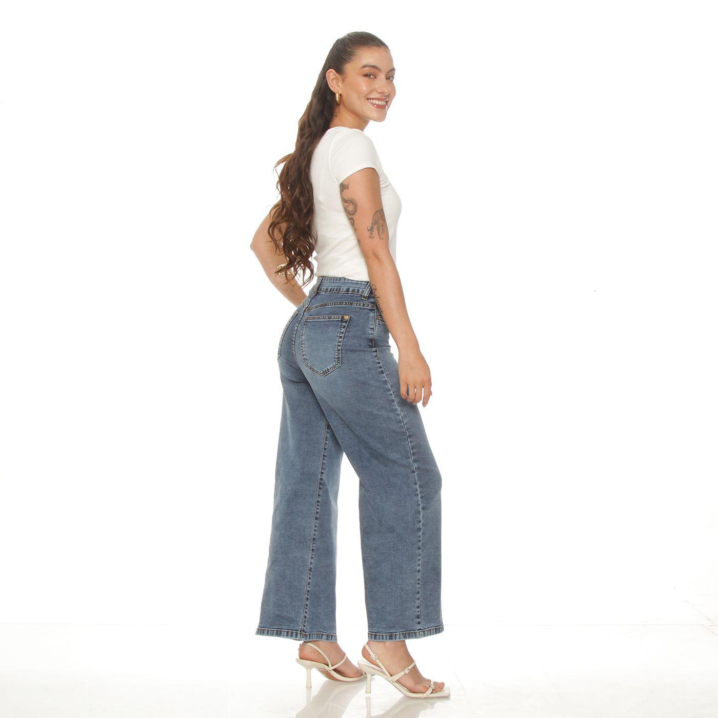 Jeans Crop Wide Leg Tiro  Alto  Pretina Basica 1 Boton-5