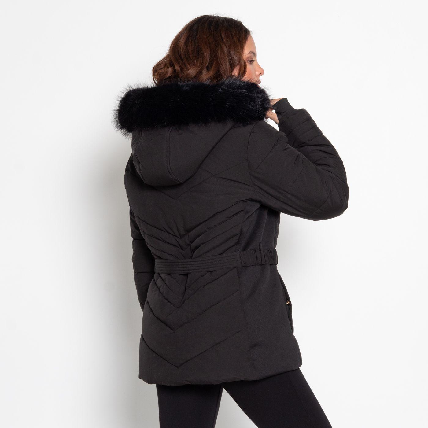 Parka Manga Larga  Capucha Piel Sintetica Y Cinturon-2