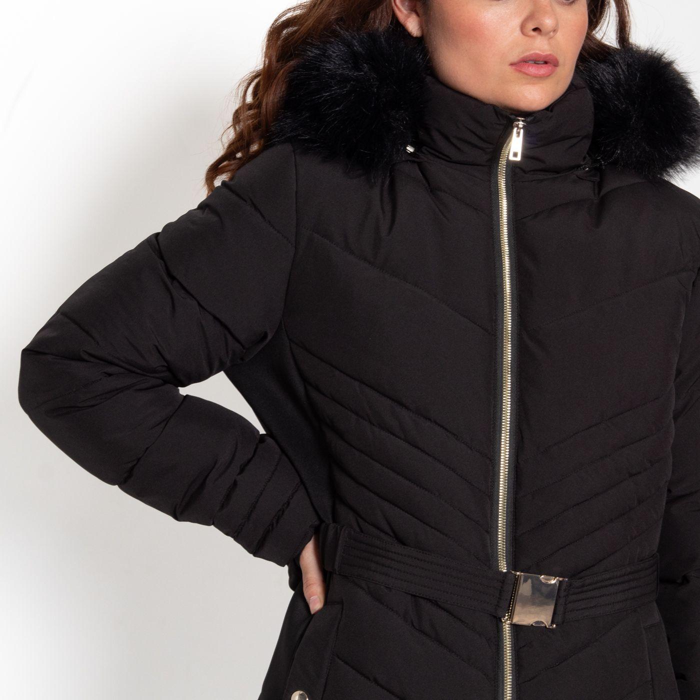 Parka Manga Larga  Capucha Piel Sintetica Y Cinturon-3