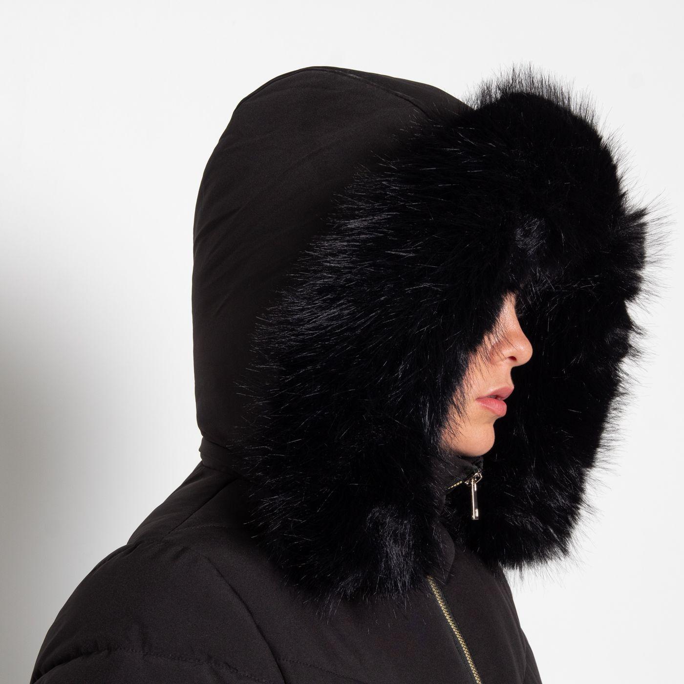 Parka Manga Larga  Capucha Piel Sintetica Y Cinturon-5