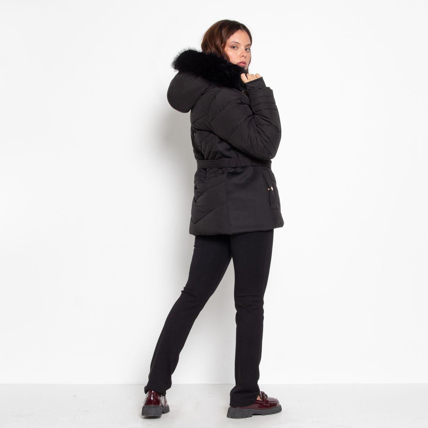 Parka Manga Larga  Capucha Piel Sintetica Y Cinturon-6