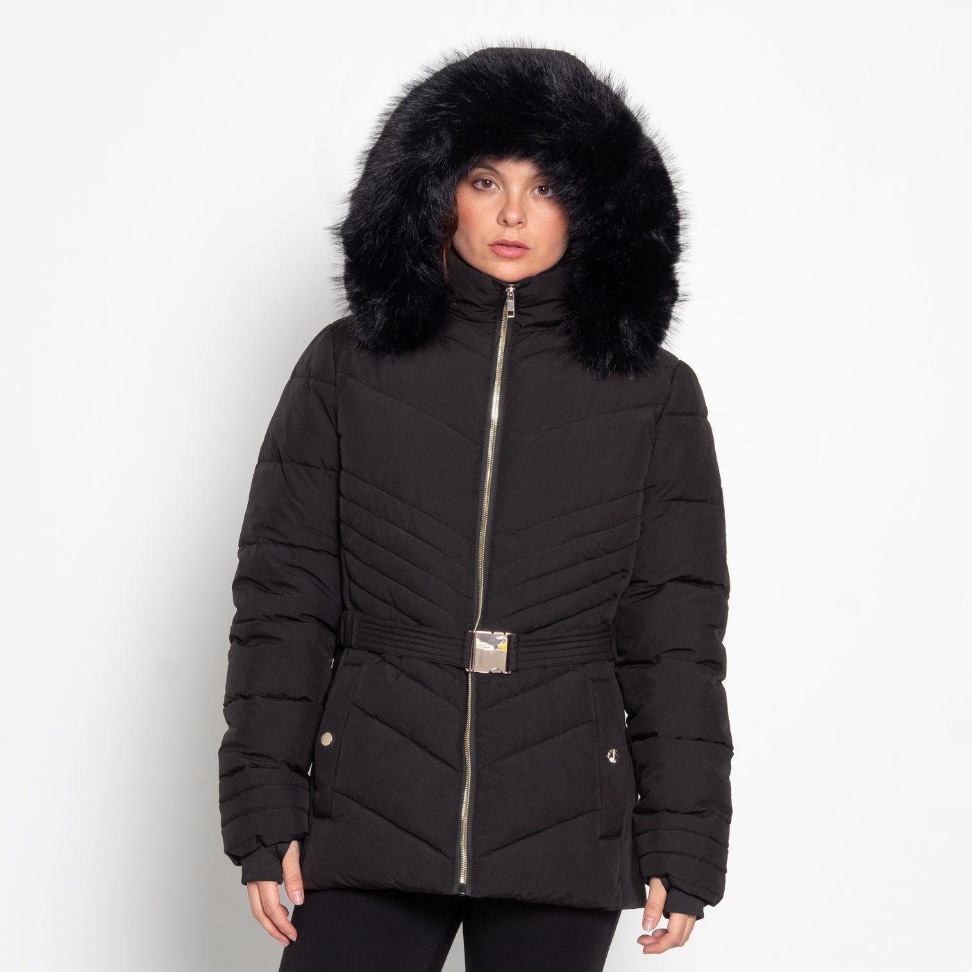 Parka Manga Larga  Capucha Piel Sintetica Y Cinturon-7