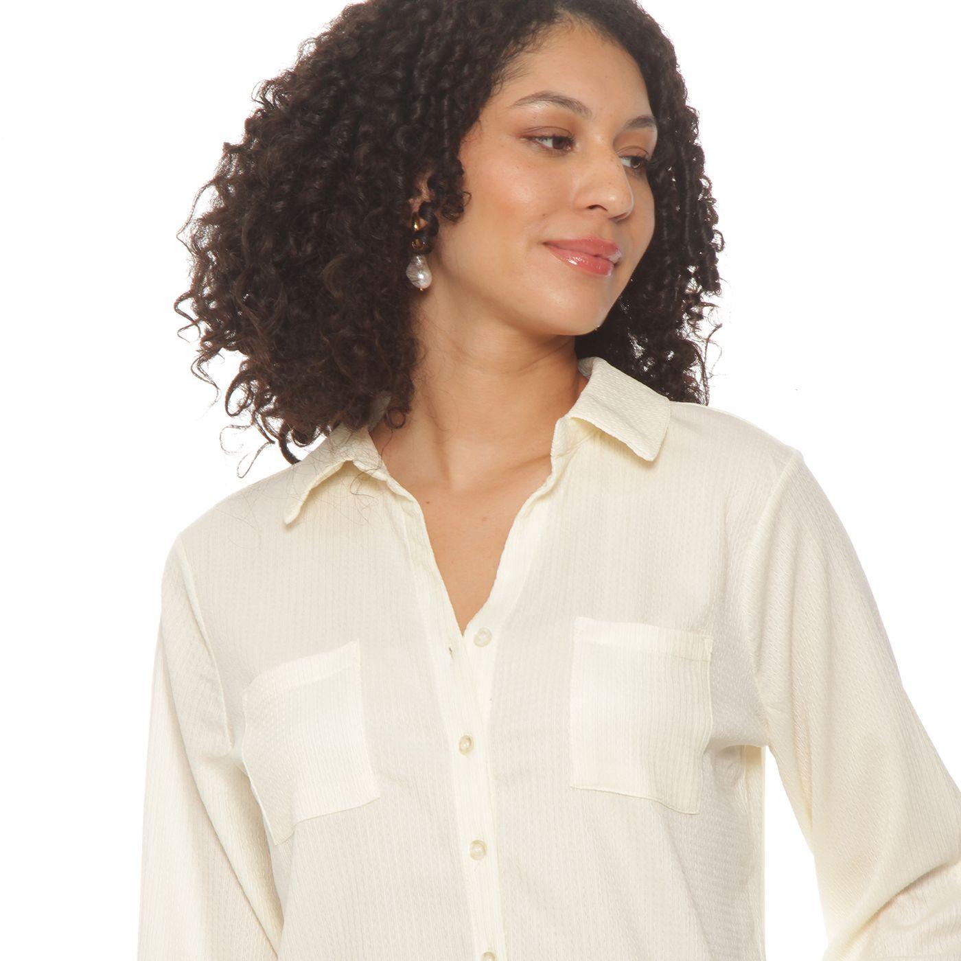 Blusa Manga 3/4 Solida Escote V Abotonada En El Delantero-1