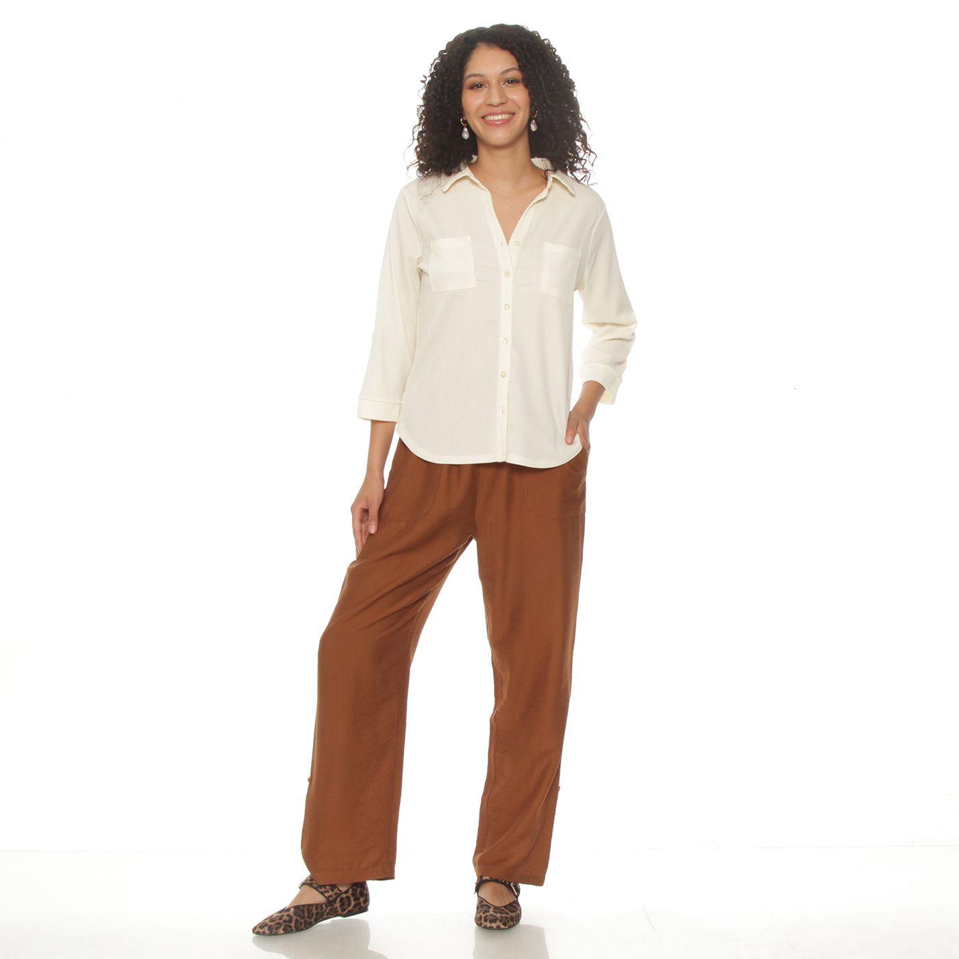 Blusa Manga 3/4 Solida Escote V Abotonada En El Delantero-2