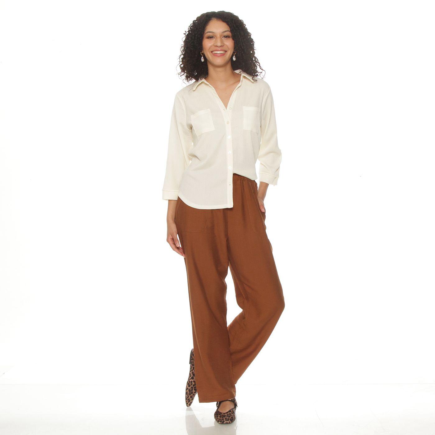 Blusa Manga 3/4 Solida Escote V Abotonada En El Delantero-3