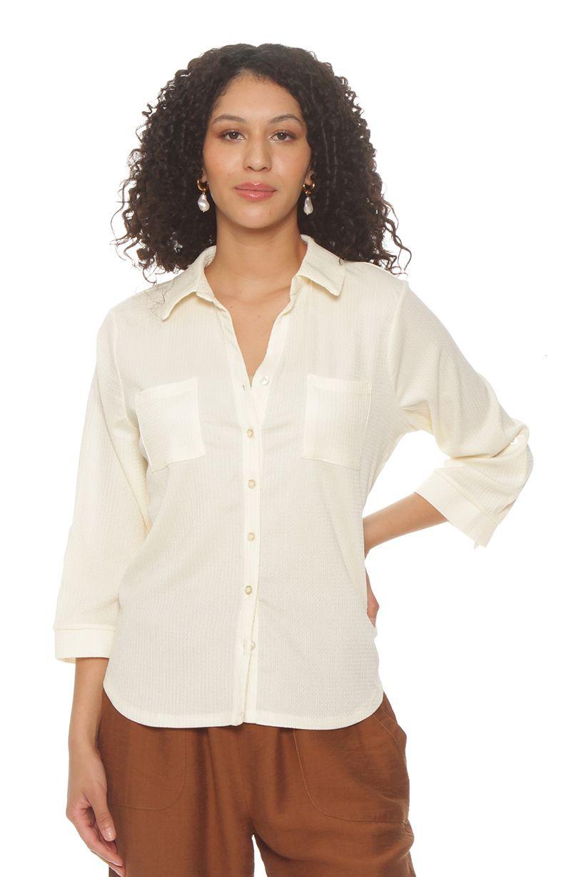 Blusa Manga 3/4 Solida Escote V Abotonada En El Delantero-0
