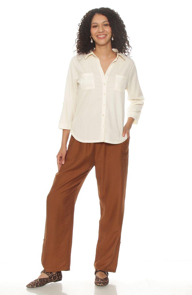 Blusa Manga 3/4 Solida Escote V Abotonada En El Delantero-2
