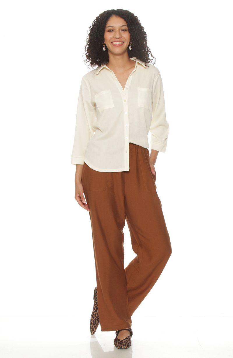 Blusa Manga 3/4 Solida Escote V Abotonada En El Delantero-3