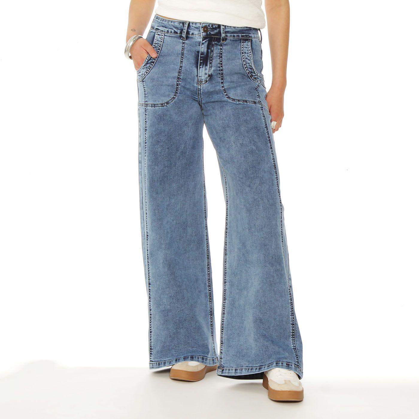Jeans Cargo Wide Leg Tiro Alto Pretina Basica  1 Boton Costadillo-0