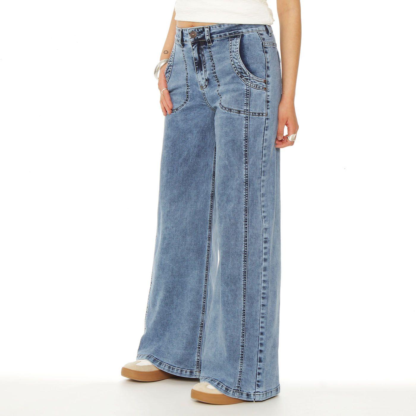 Jeans Cargo Wide Leg Tiro Alto Pretina Basica  1 Boton Costadillo-3