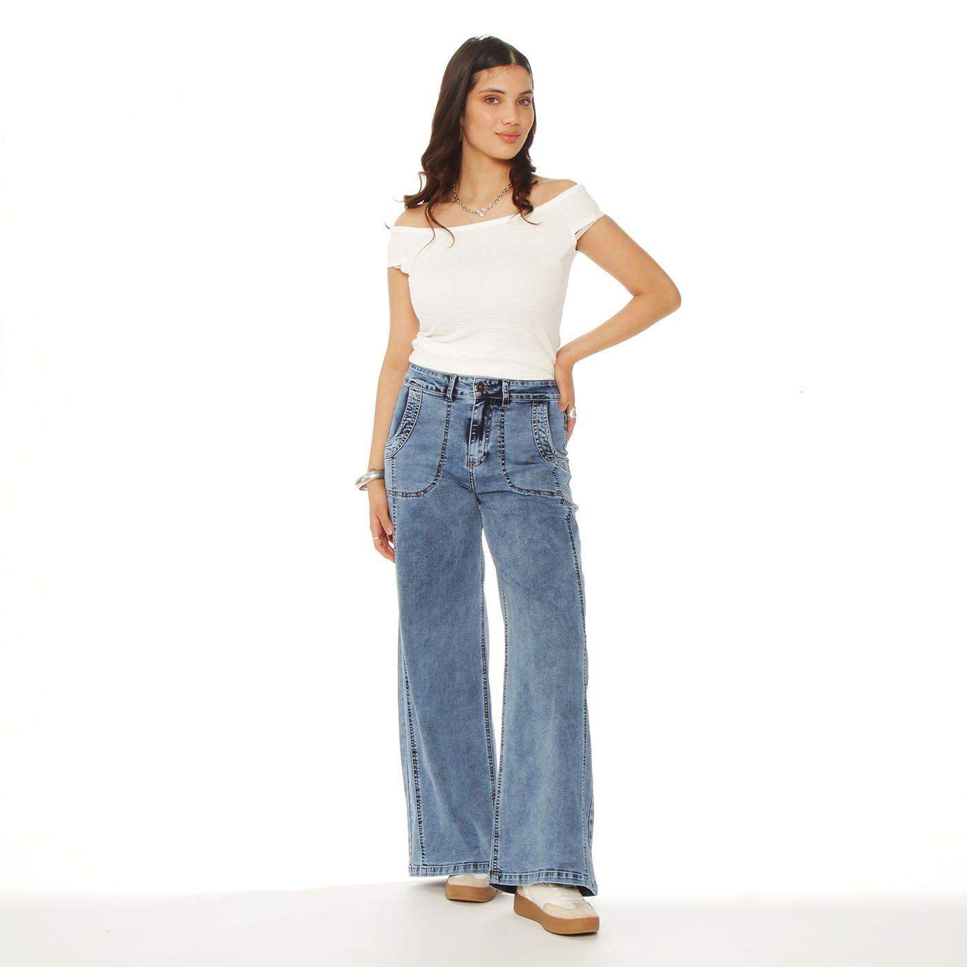 Jeans Cargo Wide Leg Tiro Alto Pretina Basica  1 Boton Costadillo-4