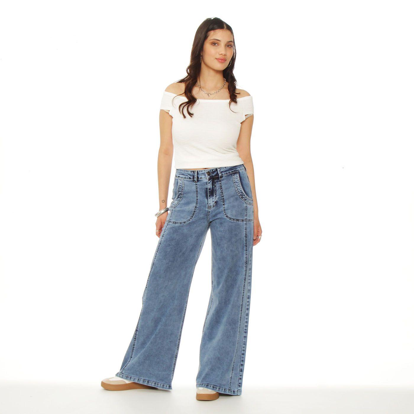 Jeans Cargo Wide Leg Tiro Alto Pretina Basica  1 Boton Costadillo-5