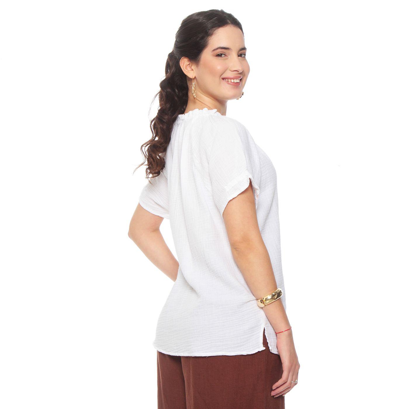 Blusa Manga Corta Solido Escote V Con Recogido En Manga-5