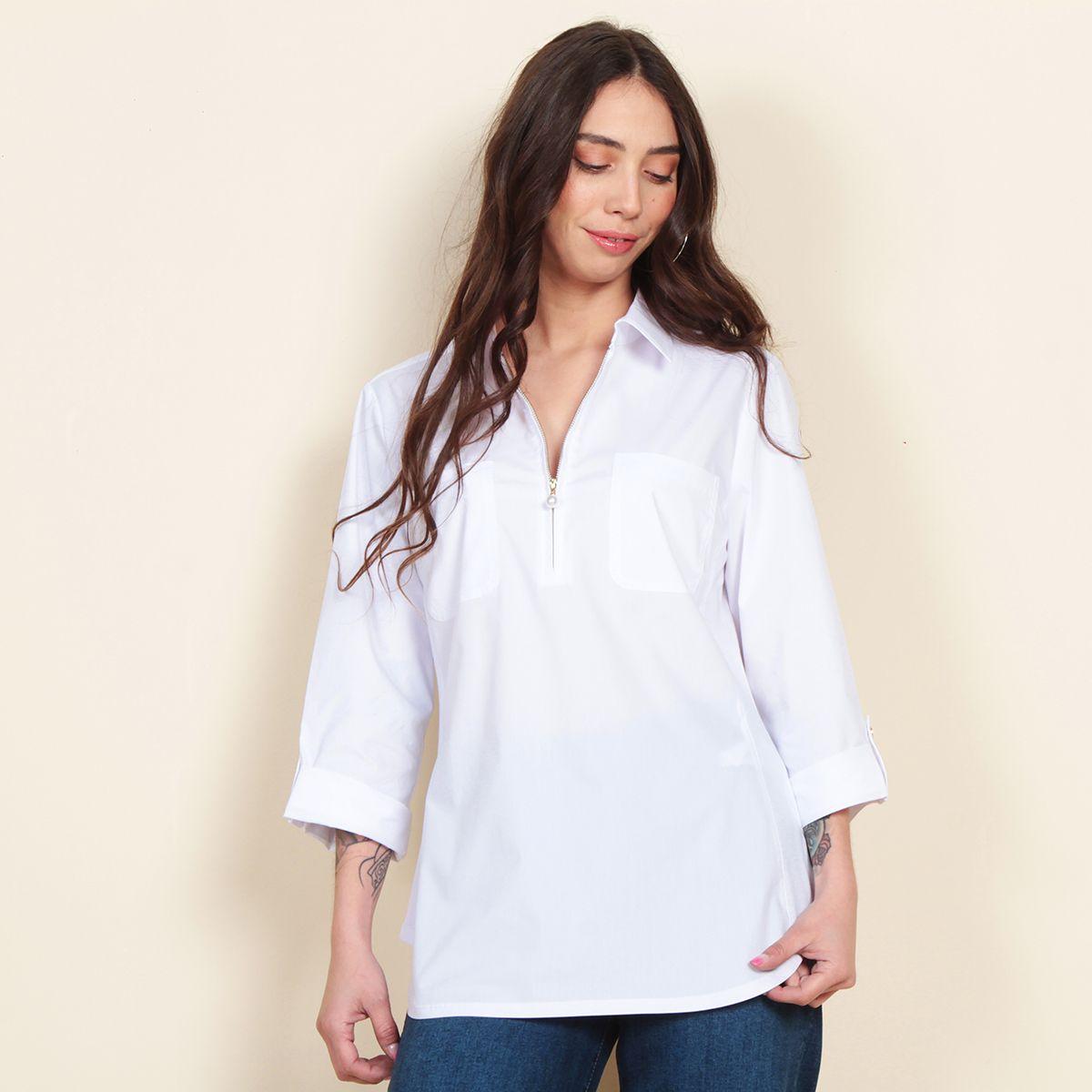 Blusa Manga 3/4 Solido Con Cierre En Delantero Y Bolsillos-0