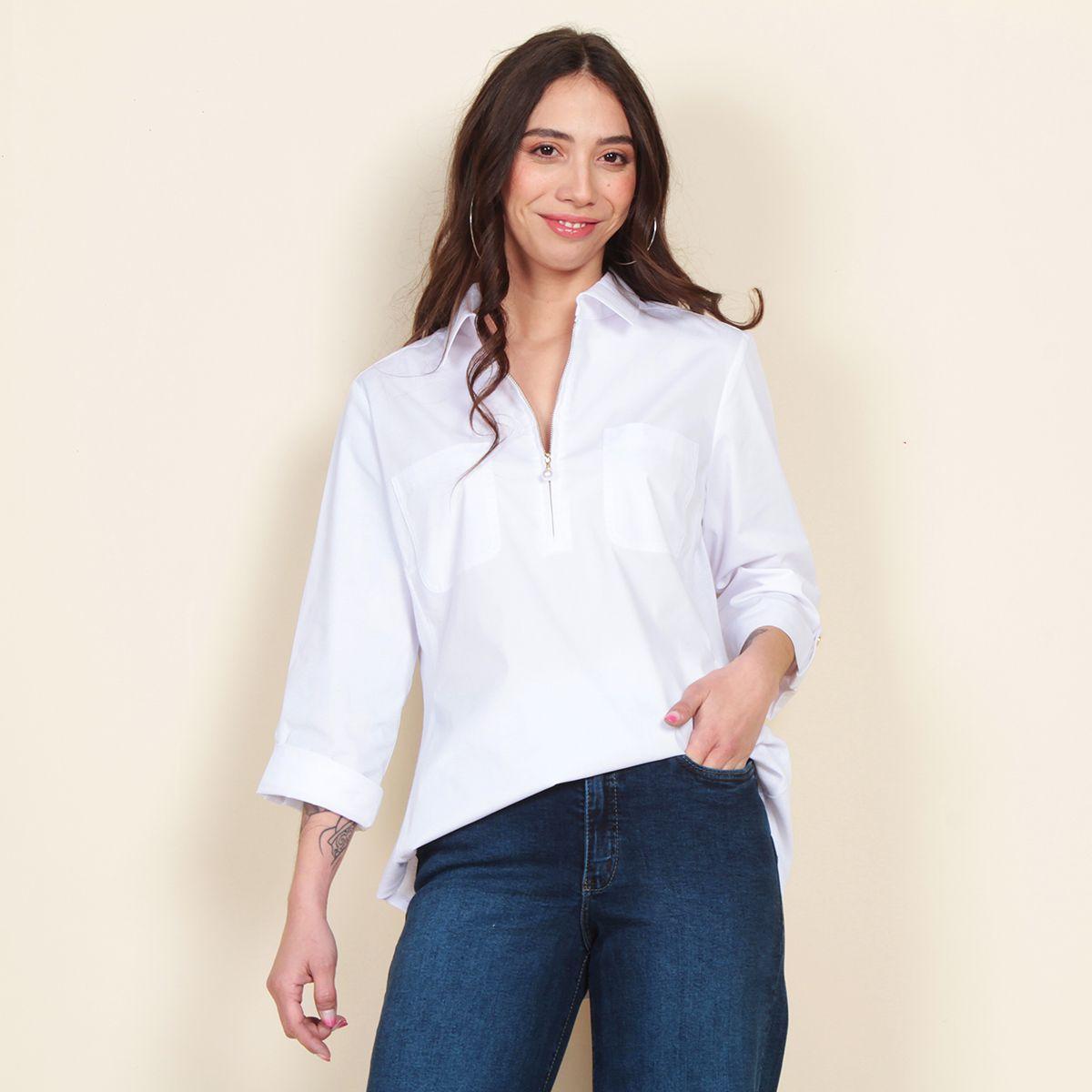 Blusa Manga 3/4 Solido Con Cierre En Delantero Y Bolsillos-5