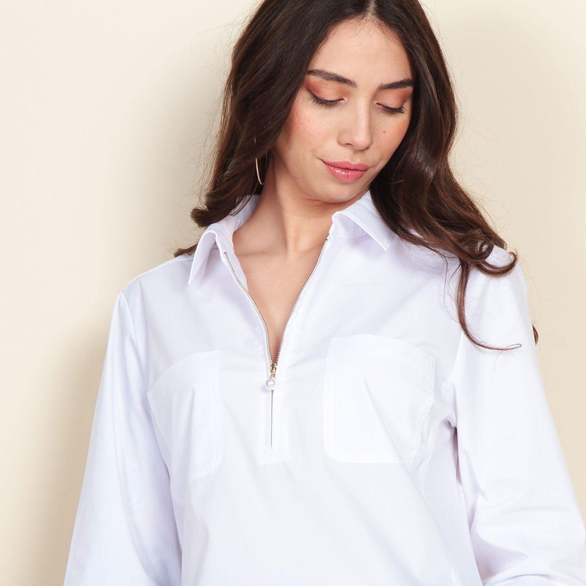 Blusa Manga 3/4 Solido Con Cierre En Delantero Y Bolsillos-2