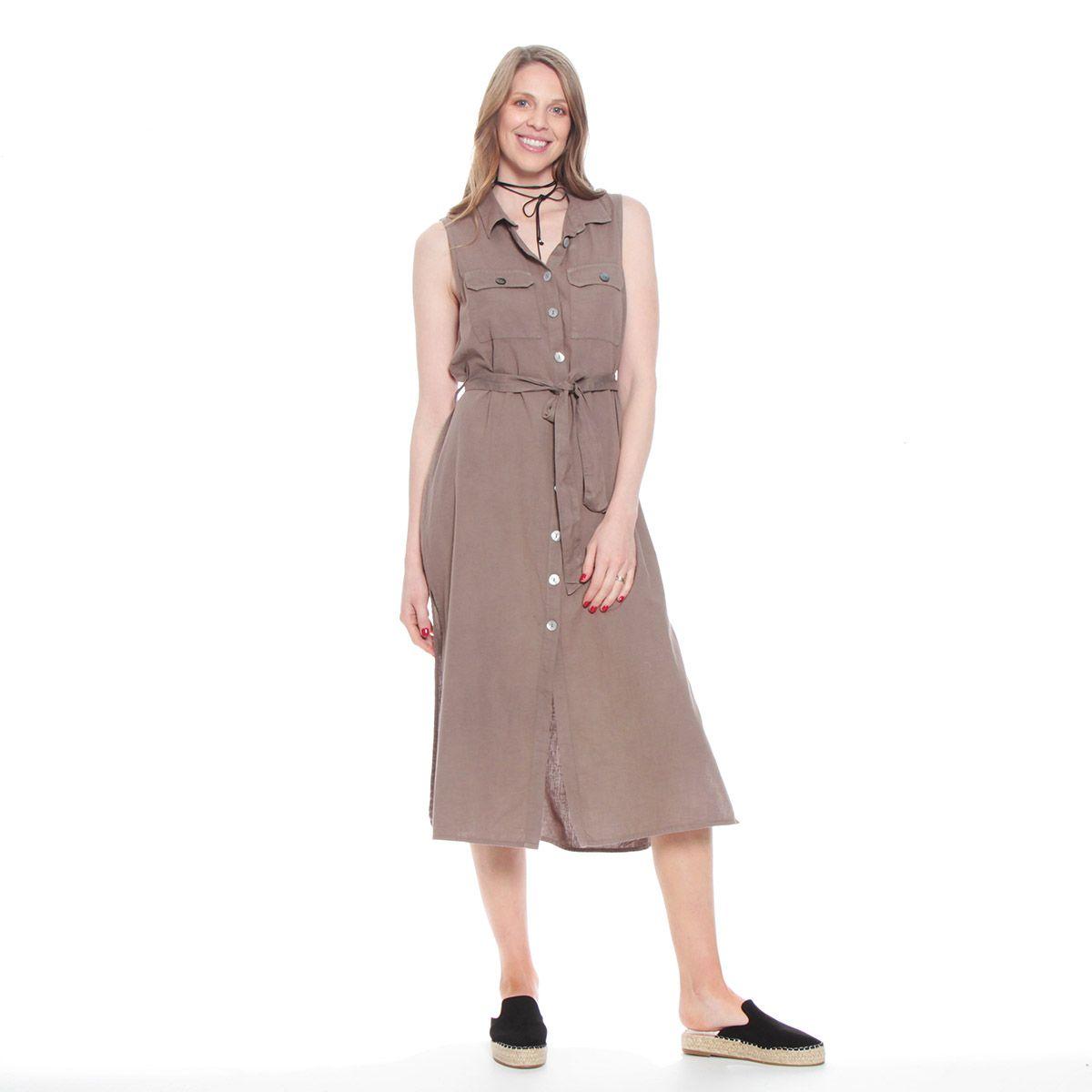 Vestido Sin Manga Lino Abotonado Con Bolsillos Y Lazo En Cintura-1