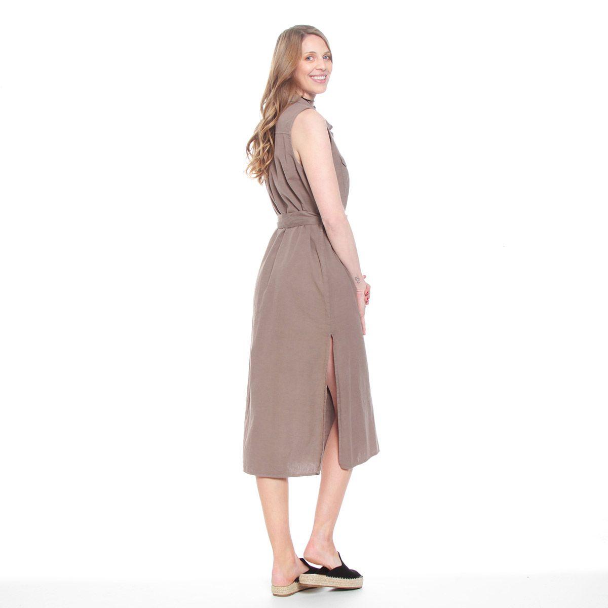 Vestido Sin Manga Lino Abotonado Con Bolsillos Y Lazo En Cintura-2