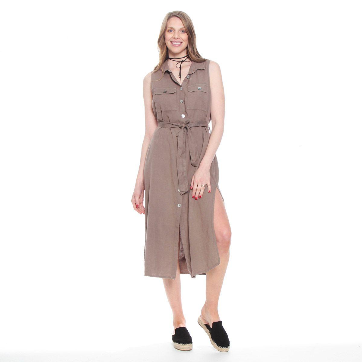 Vestido Sin Manga Lino Abotonado Con Bolsillos Y Lazo En Cintura-3