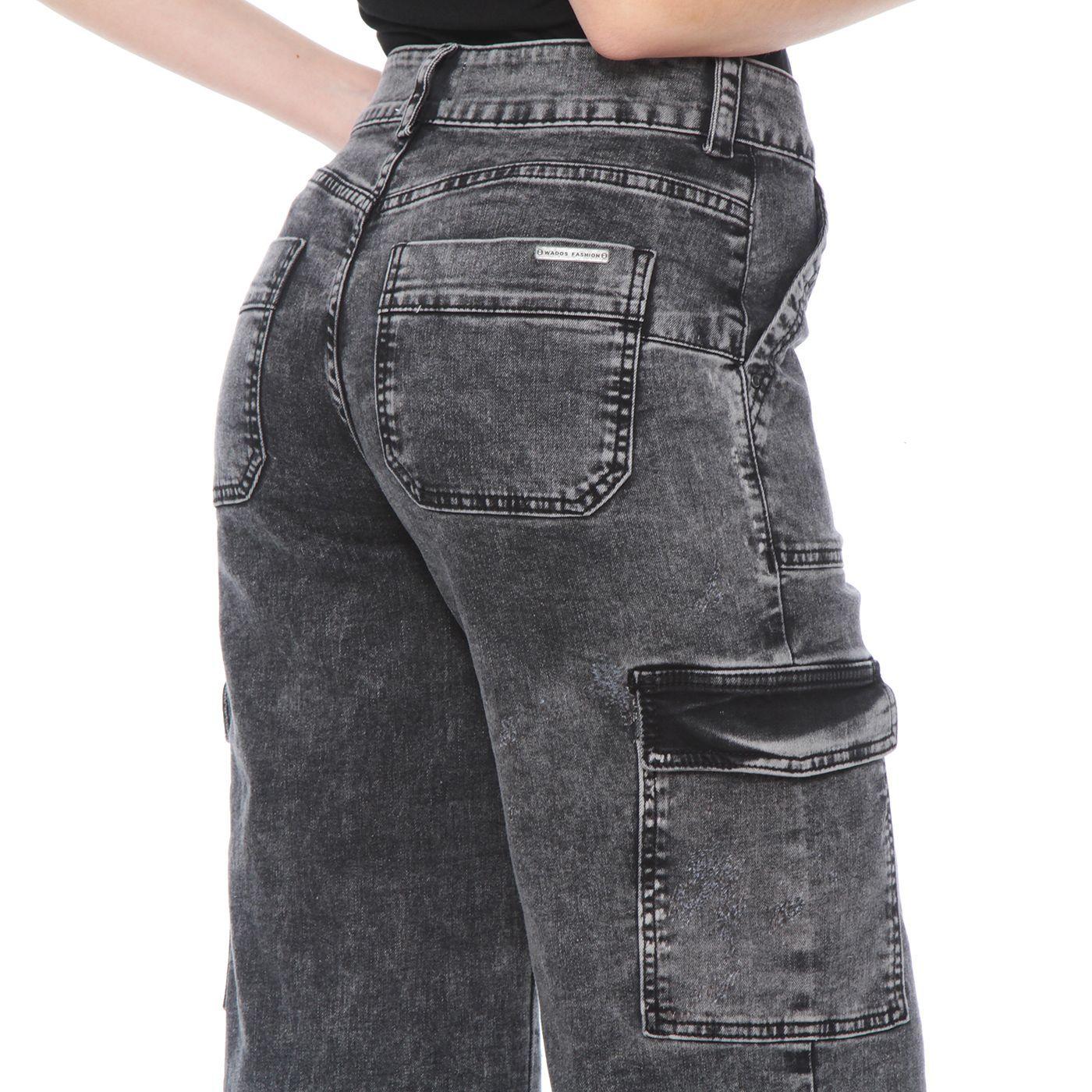 Jeans Recto, Cargo Tiro Alto , Pretina Un Boton Push Up-8