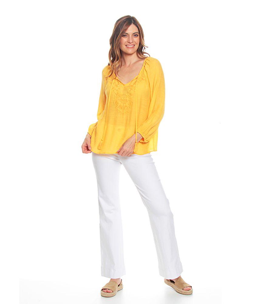 Blusa Manga Larga Solida Escote Redondo Con Lazo Ajustable-2