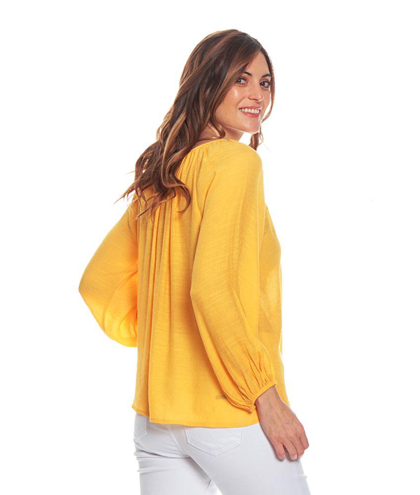 Blusa Manga Larga Solida Escote Redondo Con Lazo Ajustable-4