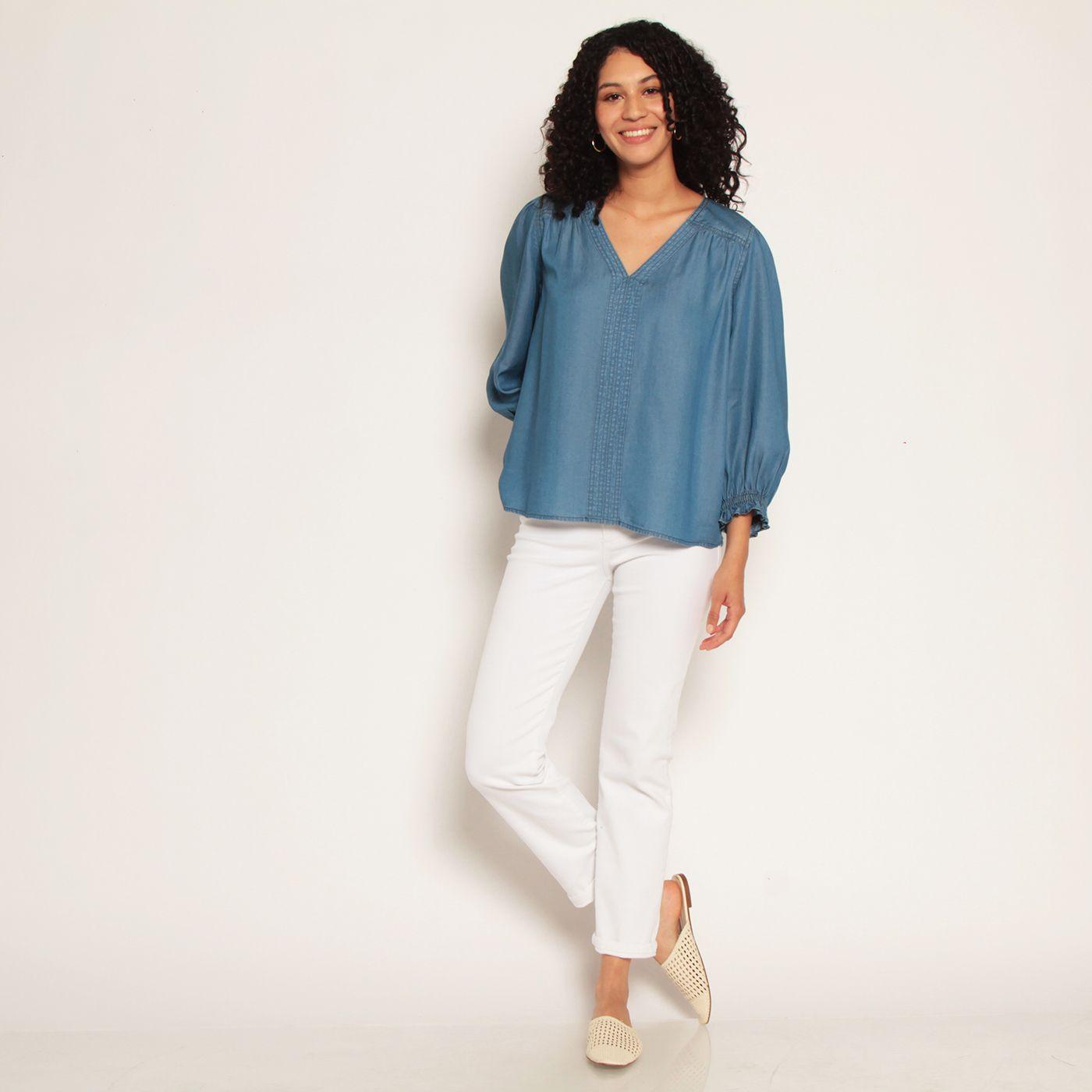 Blusa Lyocell Manga 3/4 Escote V Con Pu?o De Manga Elasticado-2