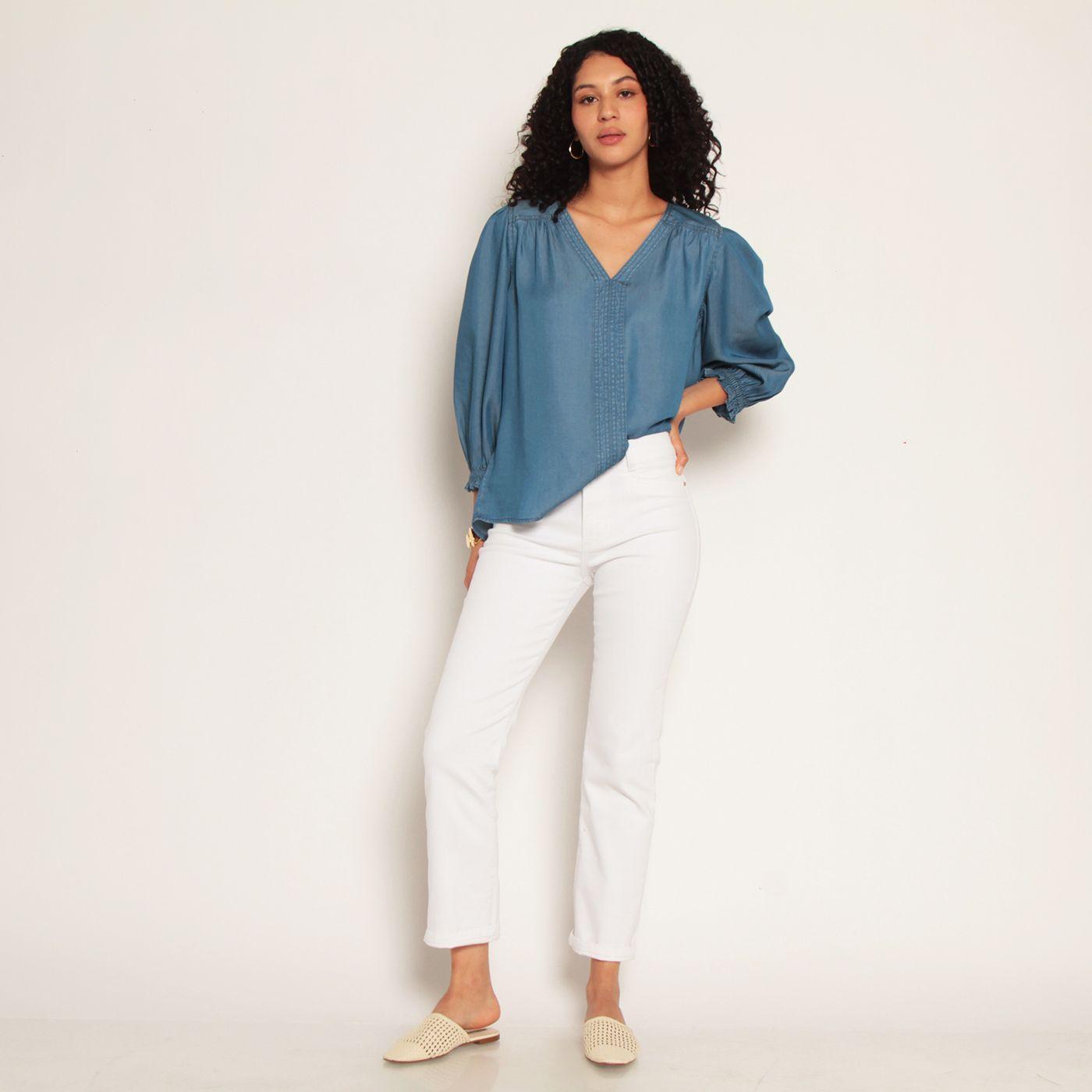 Blusa Lyocell Manga 3/4 Escote V Con Pu?o De Manga Elasticado-3