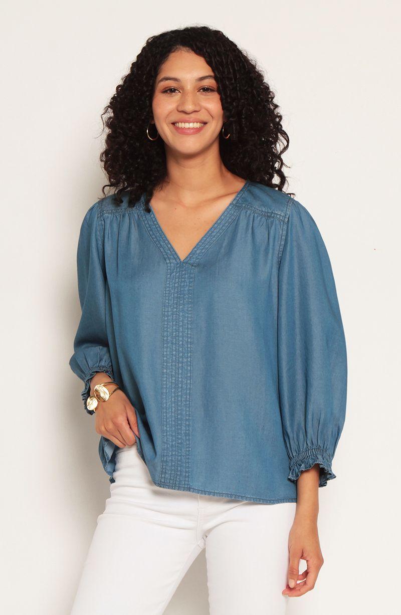 Blusa Lyocell Manga 3/4 Escote V Con Puno De Manga Elasticado-0