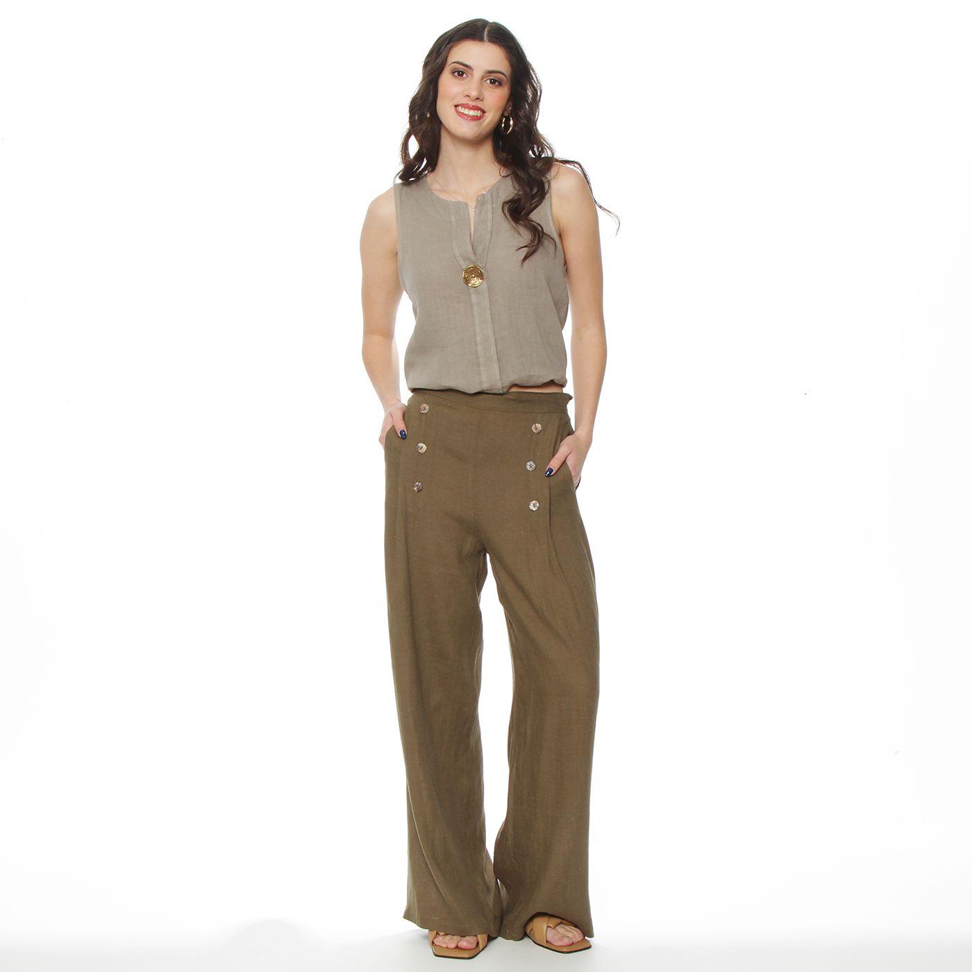 Pantalon Lino Wide Leg Tiro Alto Con Botones En Delantero-4