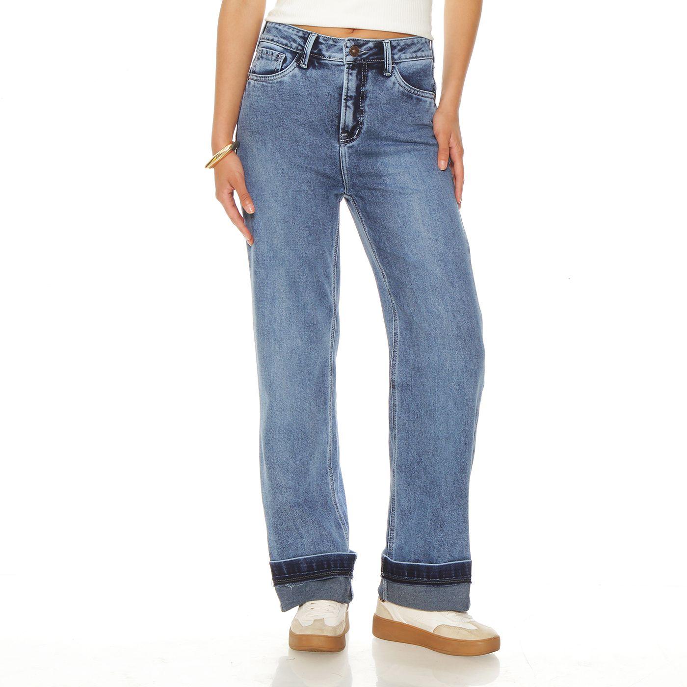 Jeans Recto Tiro Alto Pretina Basica 1 Boton Push Up Roll Up-0