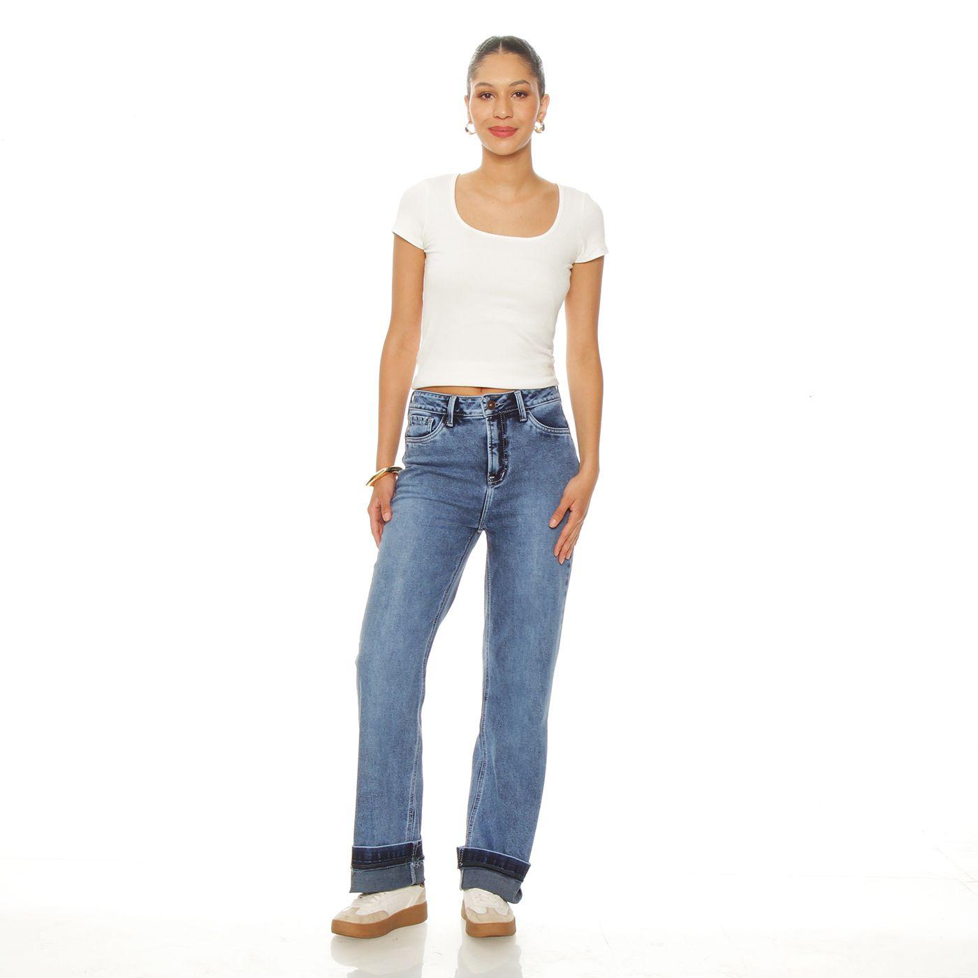 Jeans Recto Tiro Alto Pretina Basica 1 Boton Push Up Roll Up-4