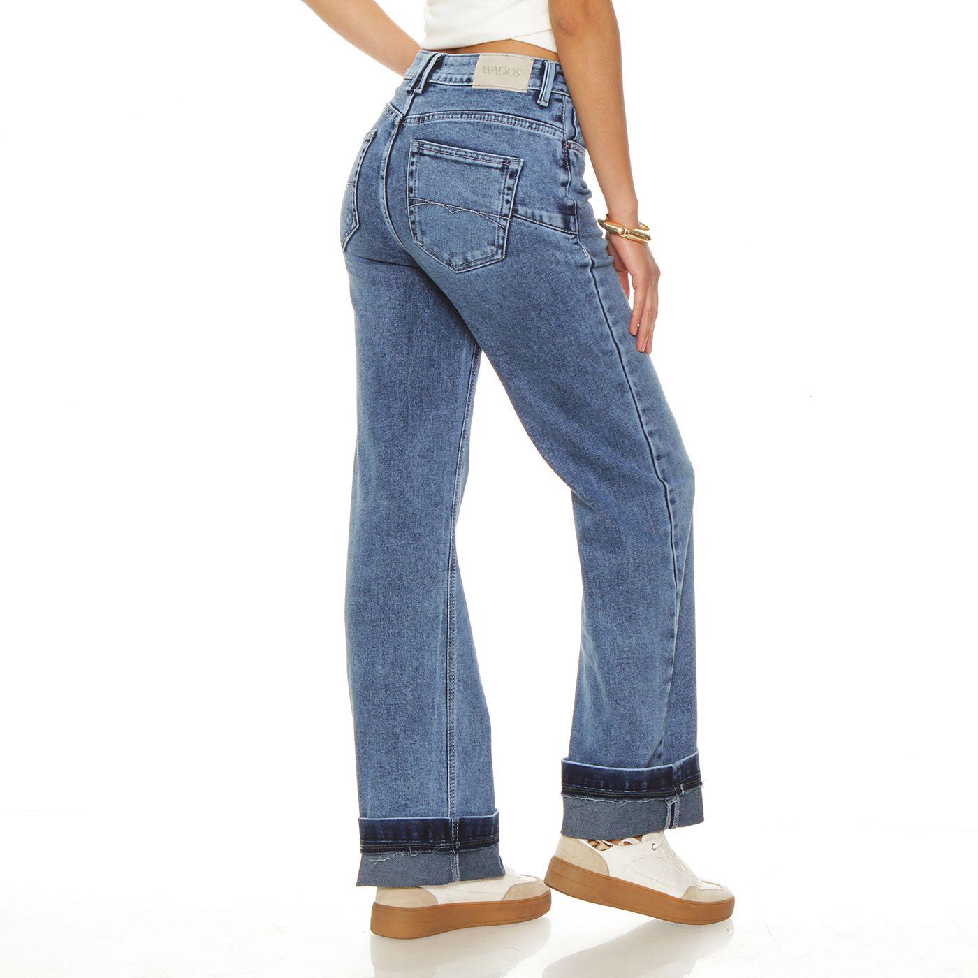 Jeans Recto Tiro Alto Pretina Basica 1 Boton Push Up Roll Up-6