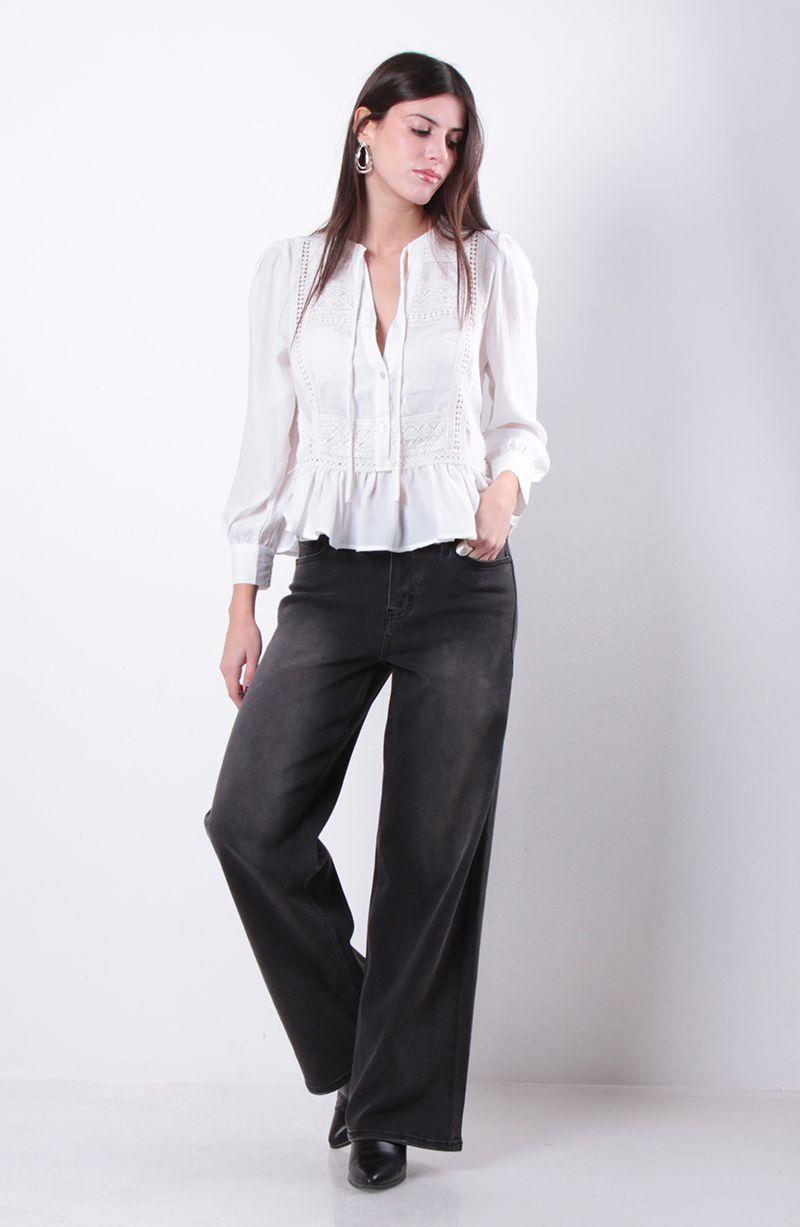 Jeans Wide Leg Tiro Alto Pretina  Basica 1 Boton-5