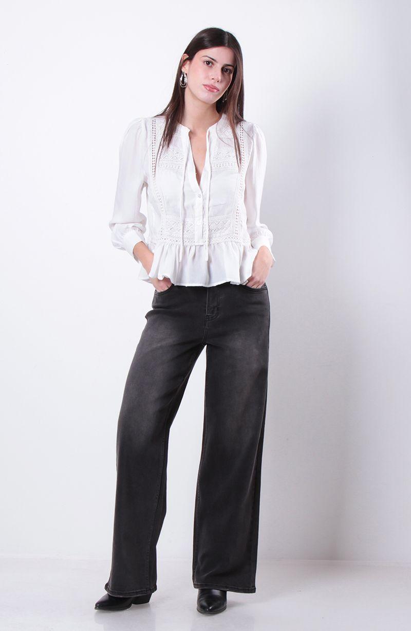 Jeans Wide Leg Tiro Alto Pretina  Basica 1 Boton-7
