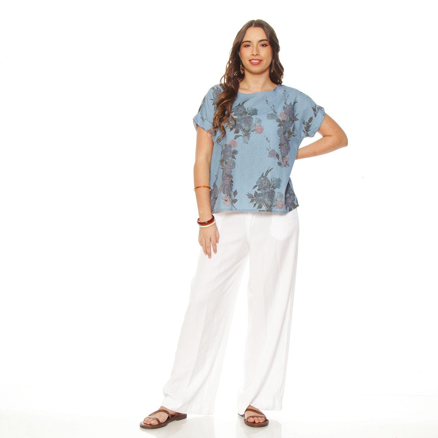 Blusa Manga Corta  Lino Estampado Escote Redondo-3