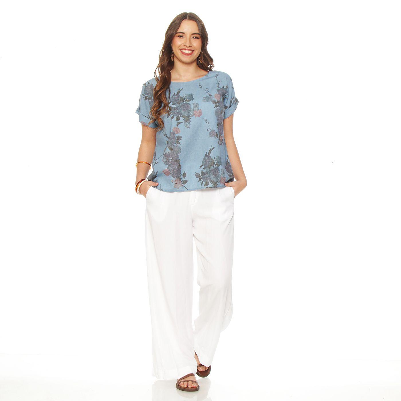 Blusa Manga Corta  Lino Estampado Escote Redondo-4