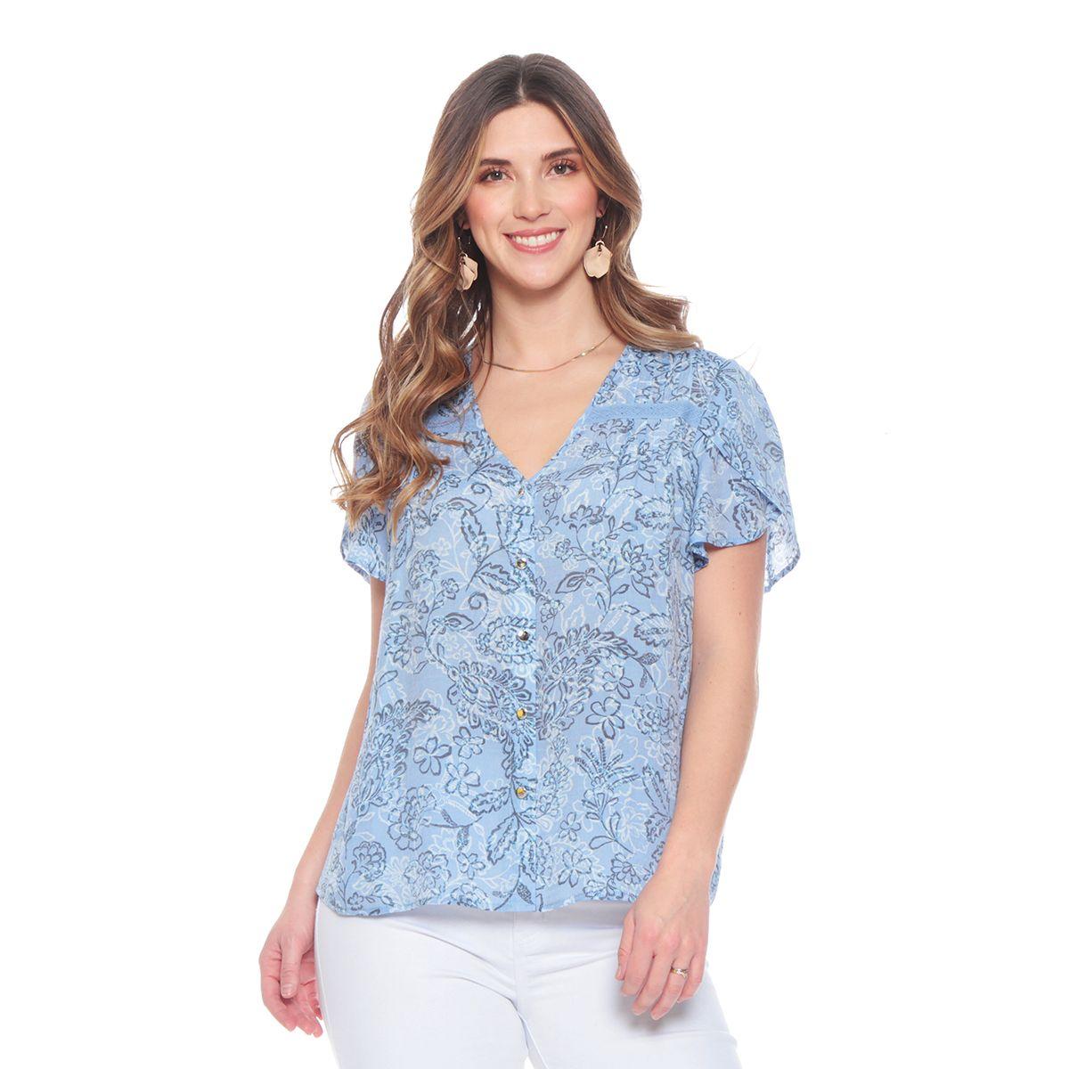 Blusa Manga Corta Abotonada Estampada Escote V-1