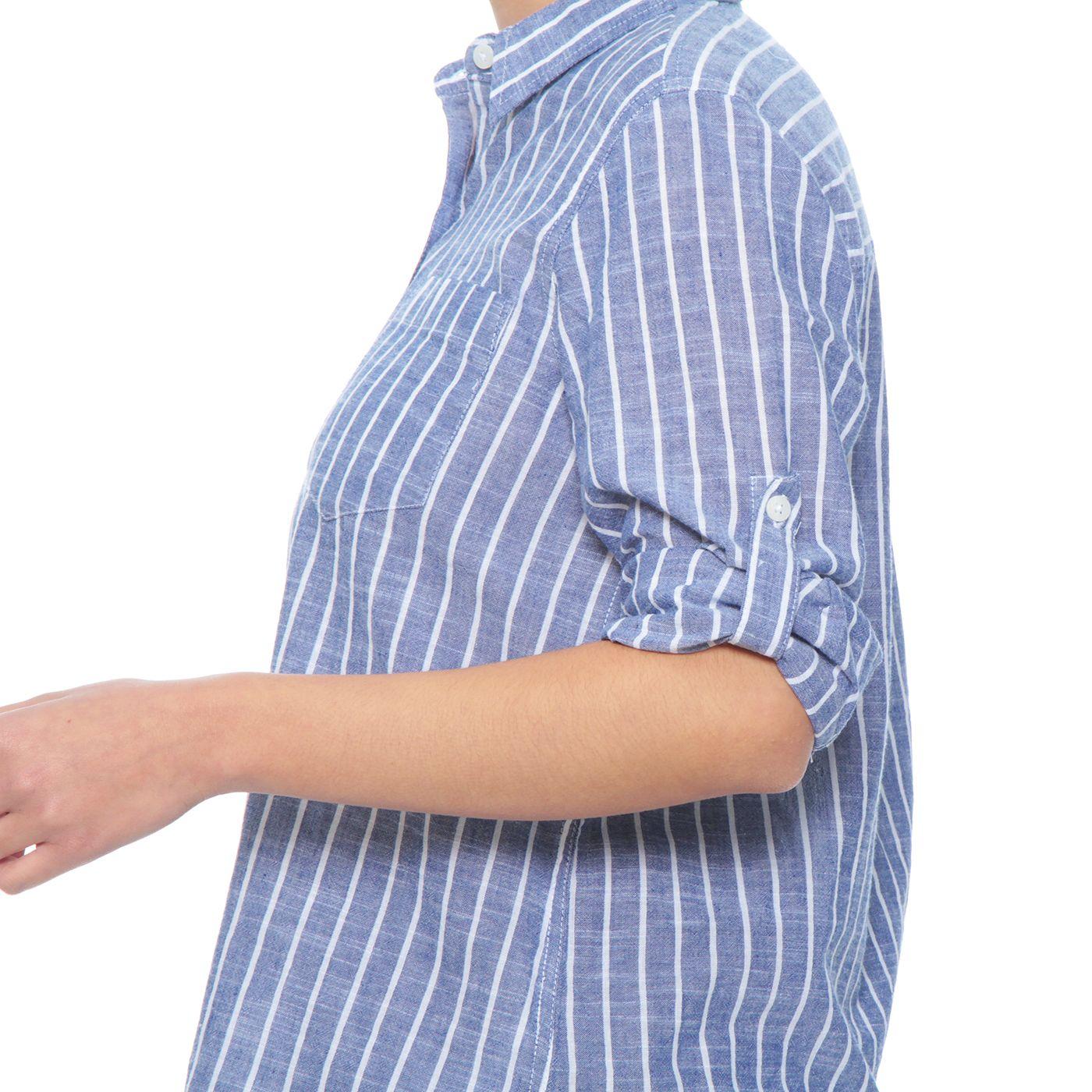 Blusa Manga  Larga Listada Abotonada En Delantero-2