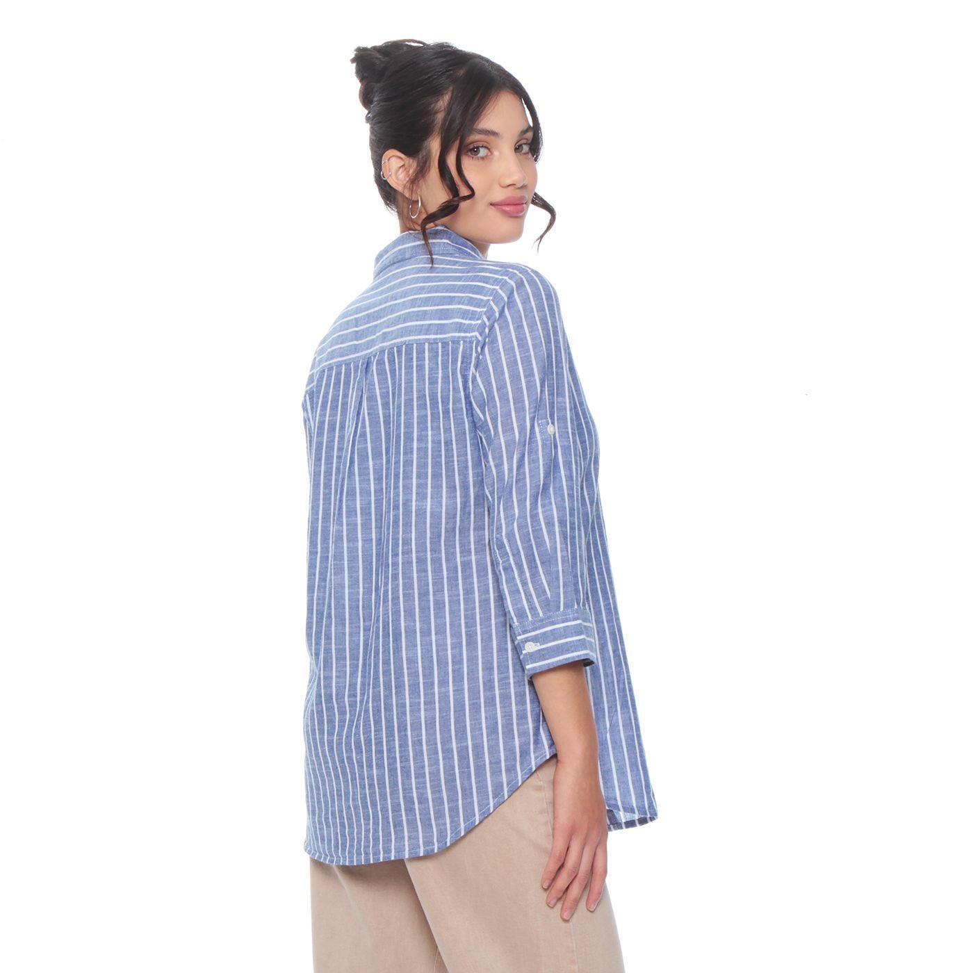 Blusa Manga  Larga Listada Abotonada En Delantero-3