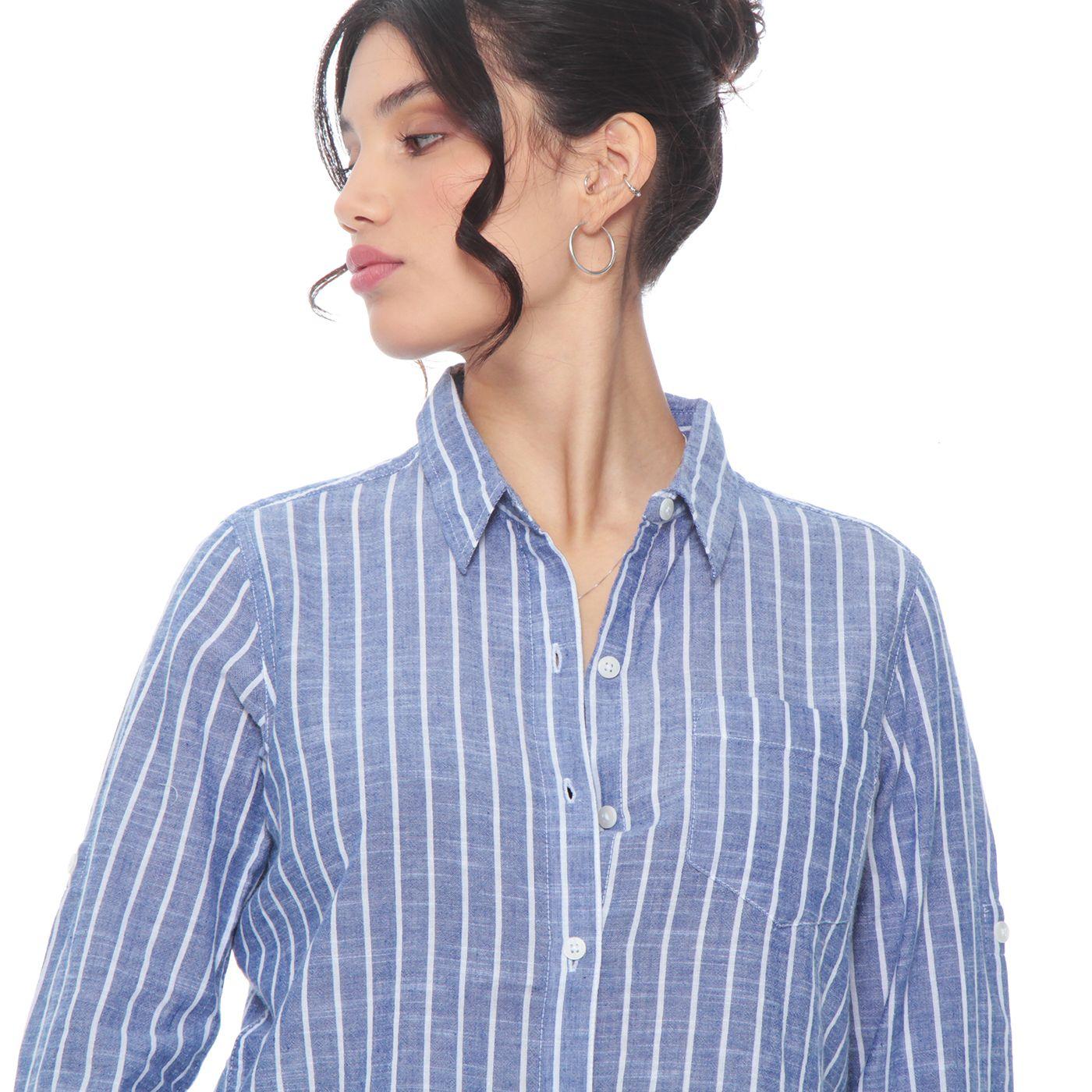 Blusa Manga  Larga Listada Abotonada En Delantero-5