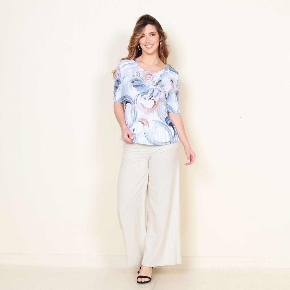 Blusa Manga Corta Estampada Plisada Escote Redondo-2
