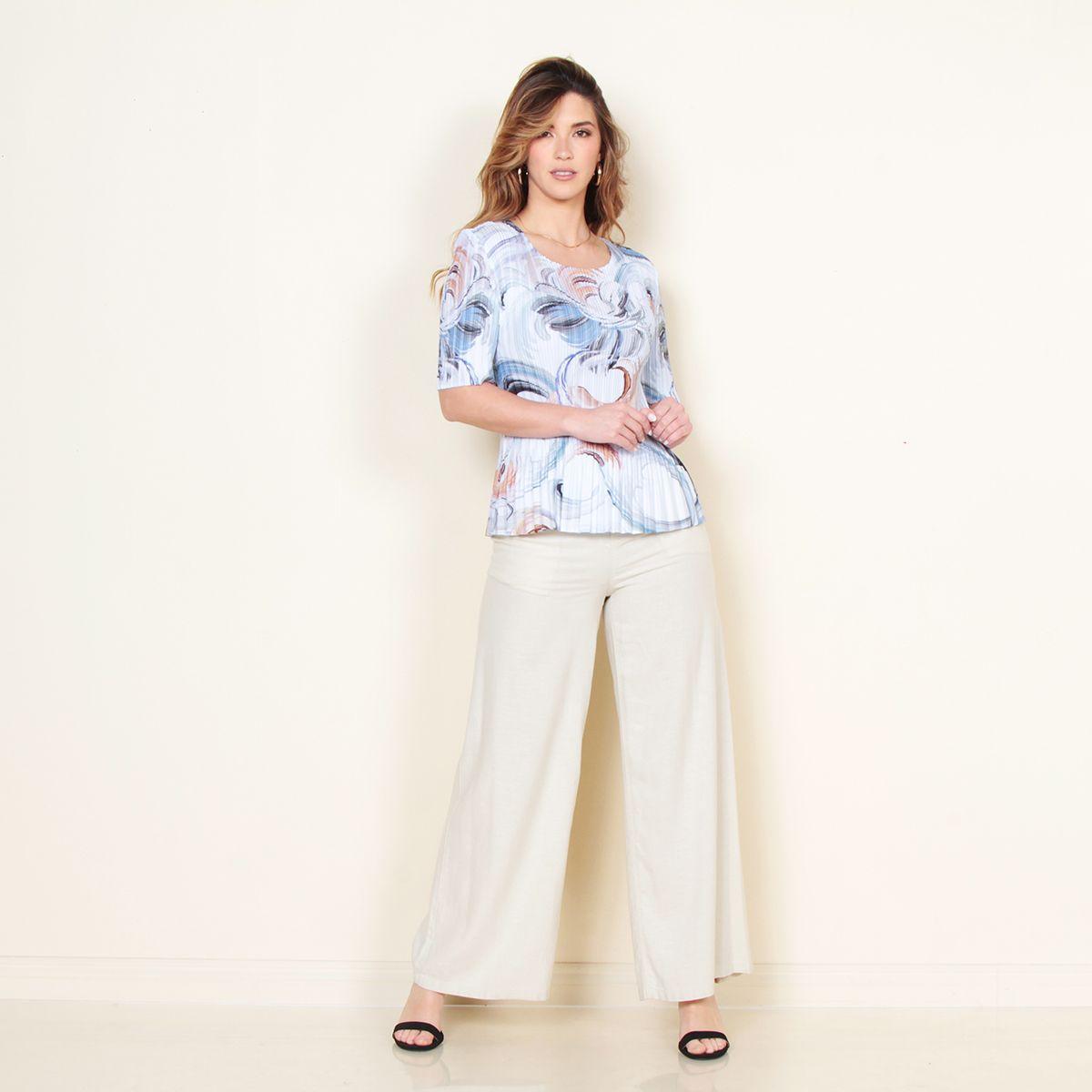 Blusa Manga Corta Estampada Plisada Escote Redondo-4