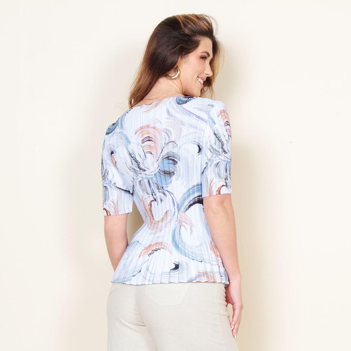 Blusa Manga Corta Estampada Plisada Escote Redondo-6