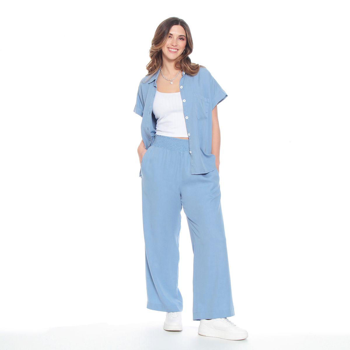 Blusa Manga Corta Solida Cuello Camisero Bolsillo Delantero-3