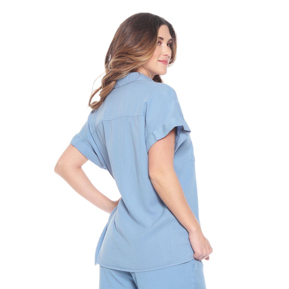 Blusa Manga Corta Solida Cuello Camisero Bolsillo Delantero-4